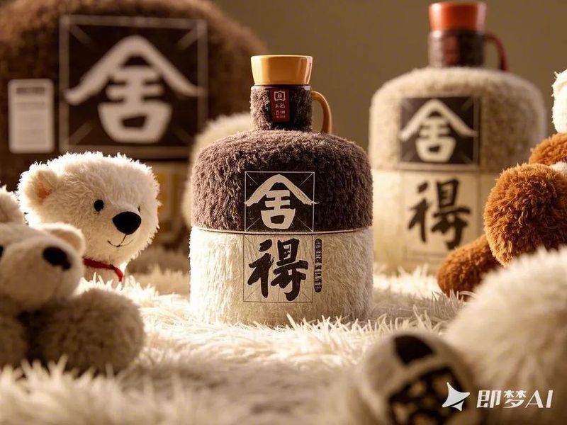 酒瓶,舍得酒瓶,把舍得酒瓶变成Jellycat风格玩偶,所有东西都是毛茸茸的,简约,背景极简,创造力,想象力,可爱字体,充满活力的画面,UE5渲染..jpeg
