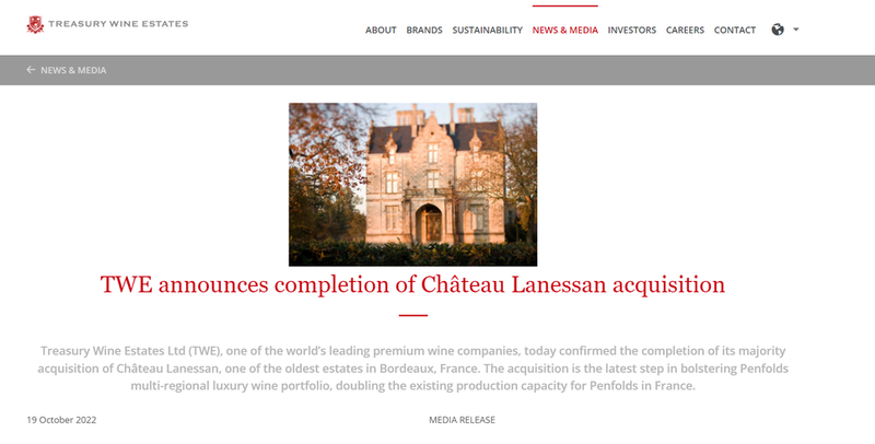 富邑集团以2.81亿元收购拥有229年历史的蓝珊酒庄 预计占股78.6%