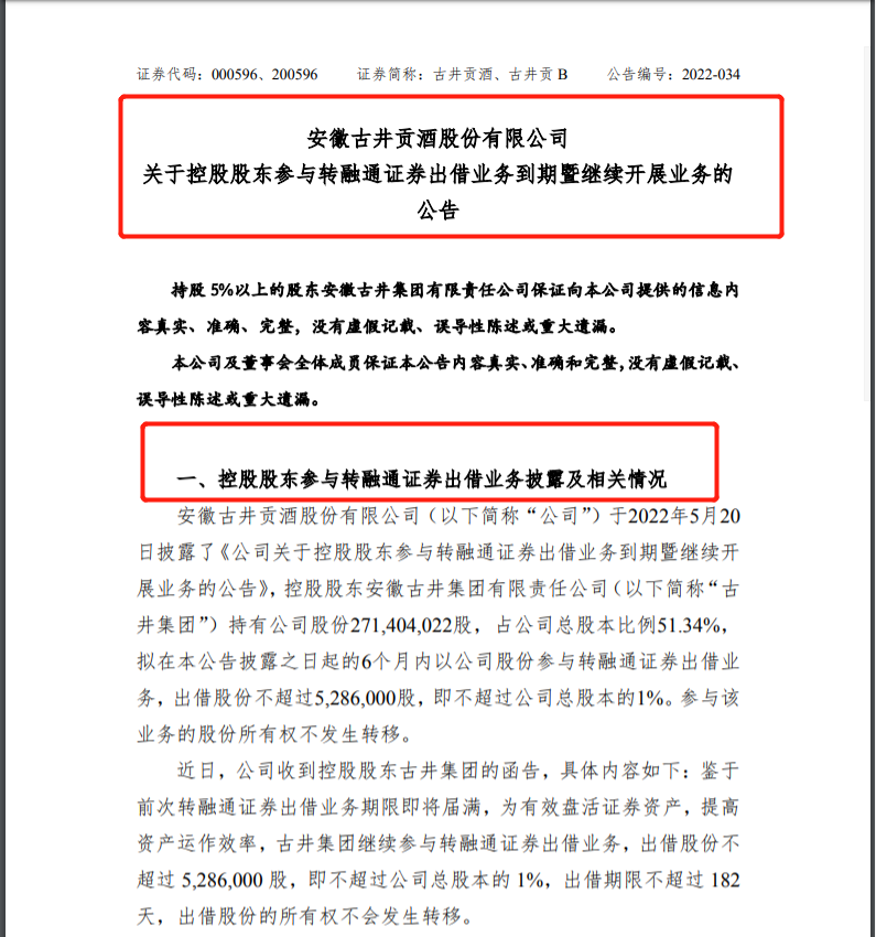 古井贡酒：控股股东继续参与转融通证券出借业务 出借不超1%公司股份