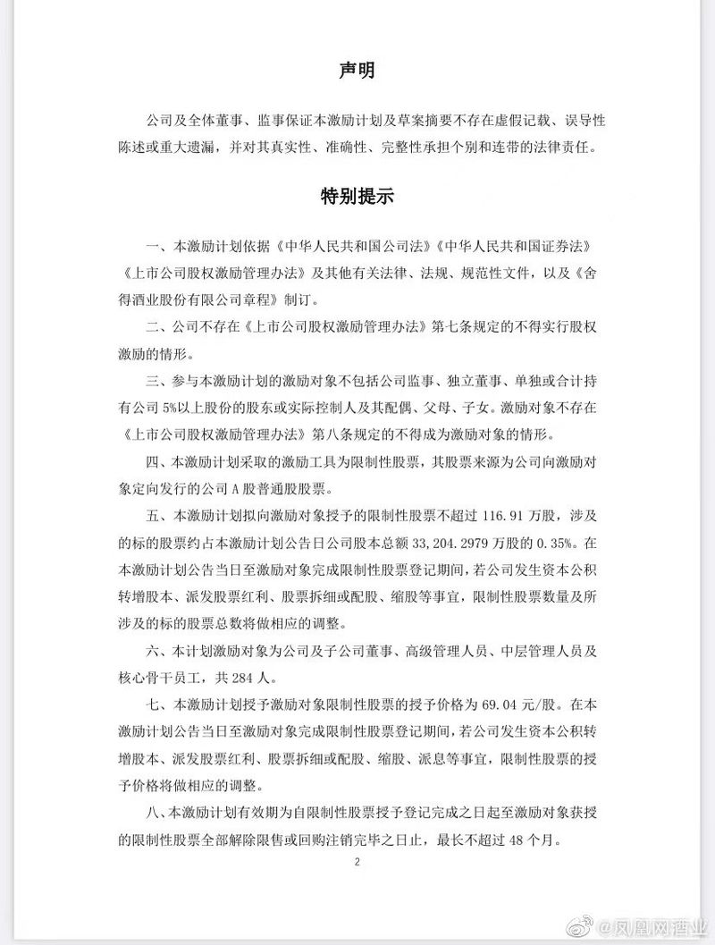 舍得酒业：拟向激励对象284人授予限制性股票116.91万股