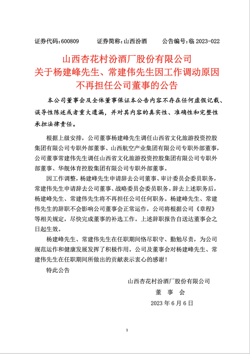 汾酒谭忠豹退休，董事常建伟、杨建峰调任