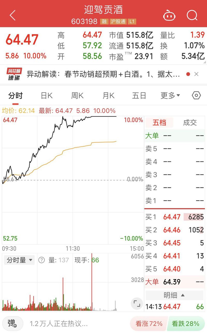 白酒股午后继续攀升，舍得酒业、迎驾贡酒涨停